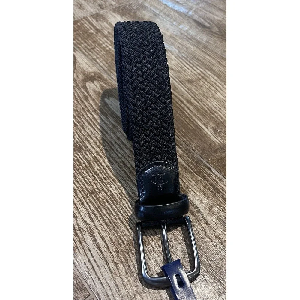 Original Penguin Braided Stretch Belt Large 38-40 Black Genuine Leather Trim NWT
